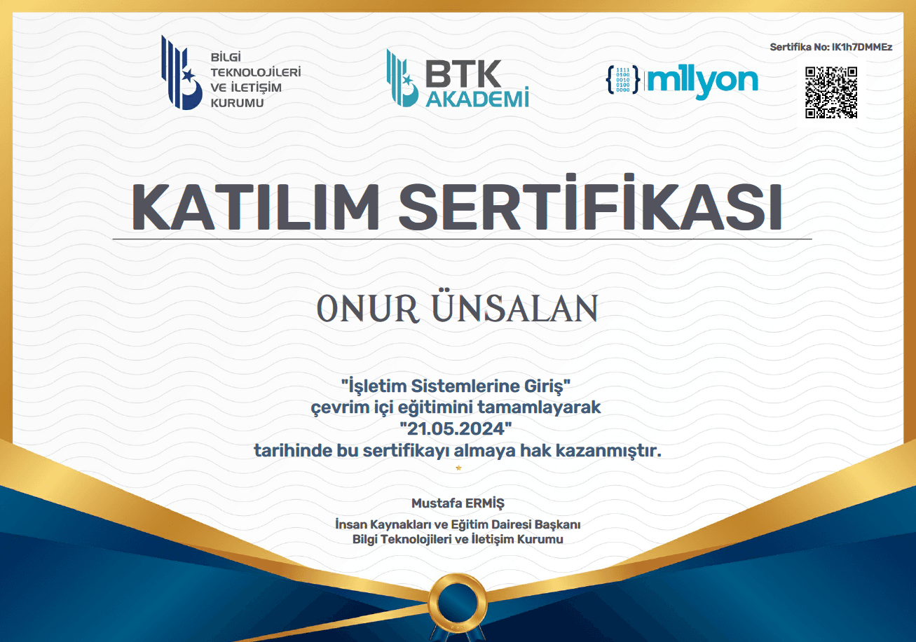 İşletim Sistemlerine Giriş Sertifikası